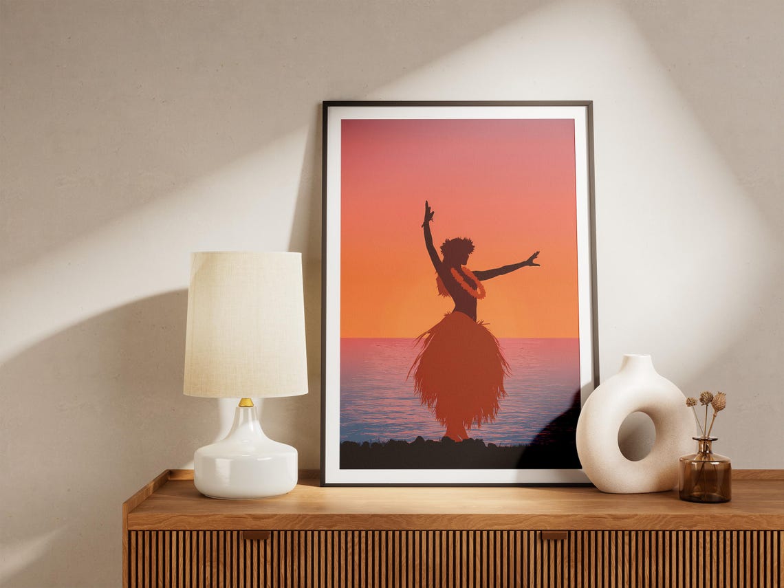 Hawaiian Hula Dancer Sunset Silhouette Tropical Ocean Poster - Image 4