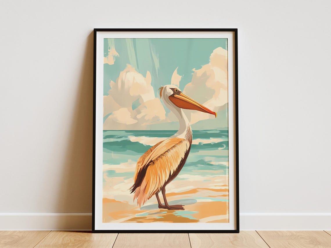 Brown Pelican Coastal Beach Vintage Style Ocean Bird Art Poster