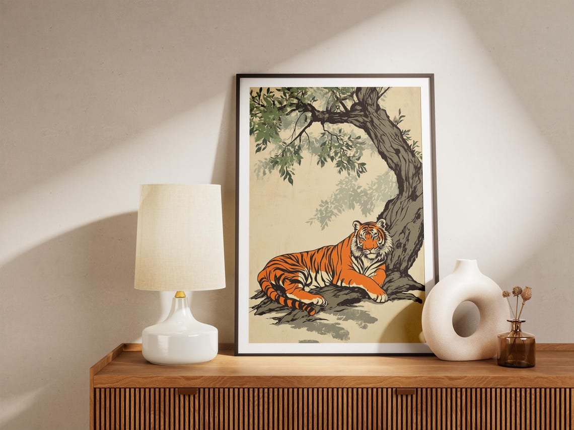 Orange Tiger Resting Under Banyan Tree Japanese Style Art Poster - Image 5