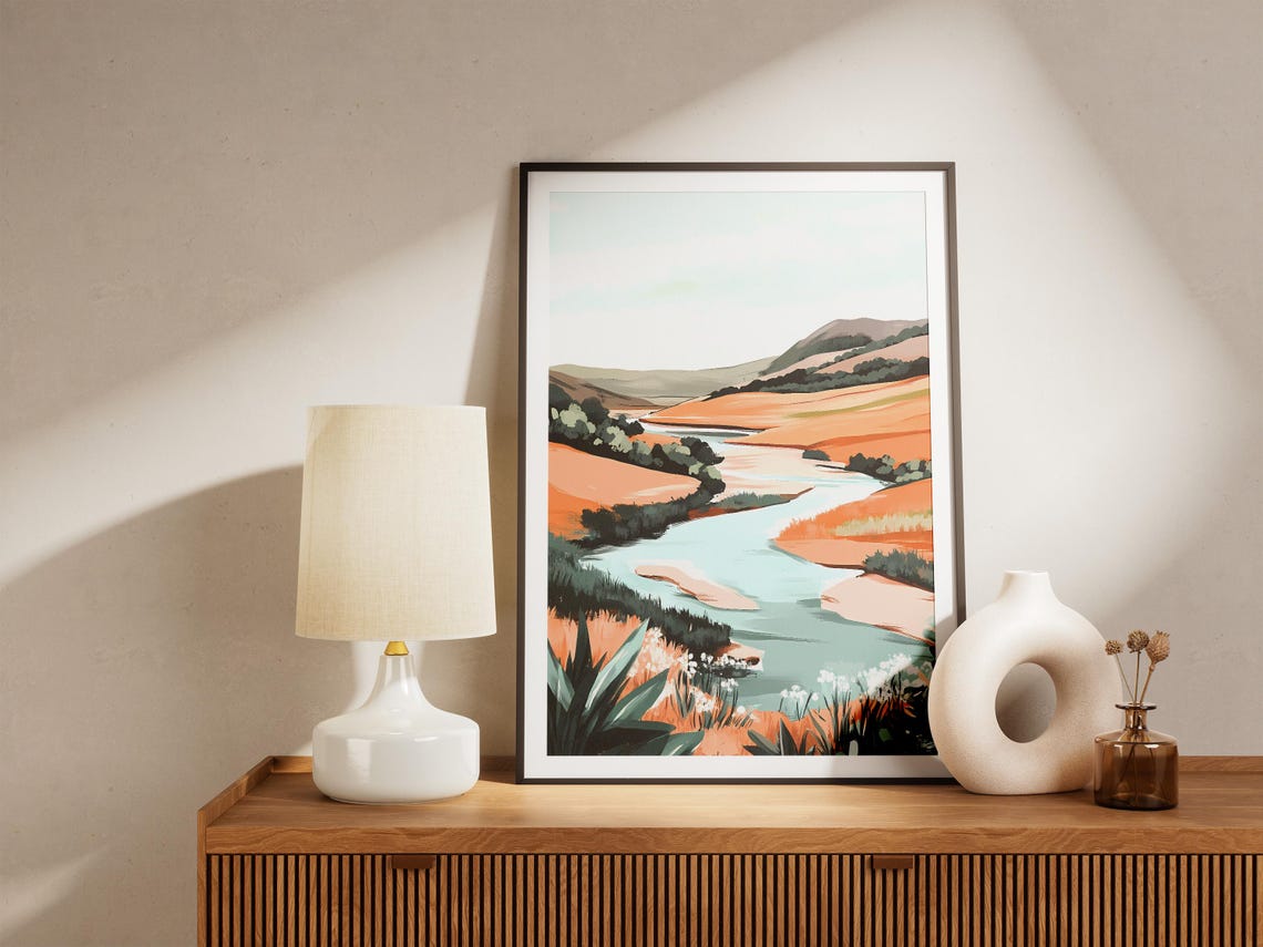 Winding River Through Orange Rolling Hills Abstract Art Poster - Image 5