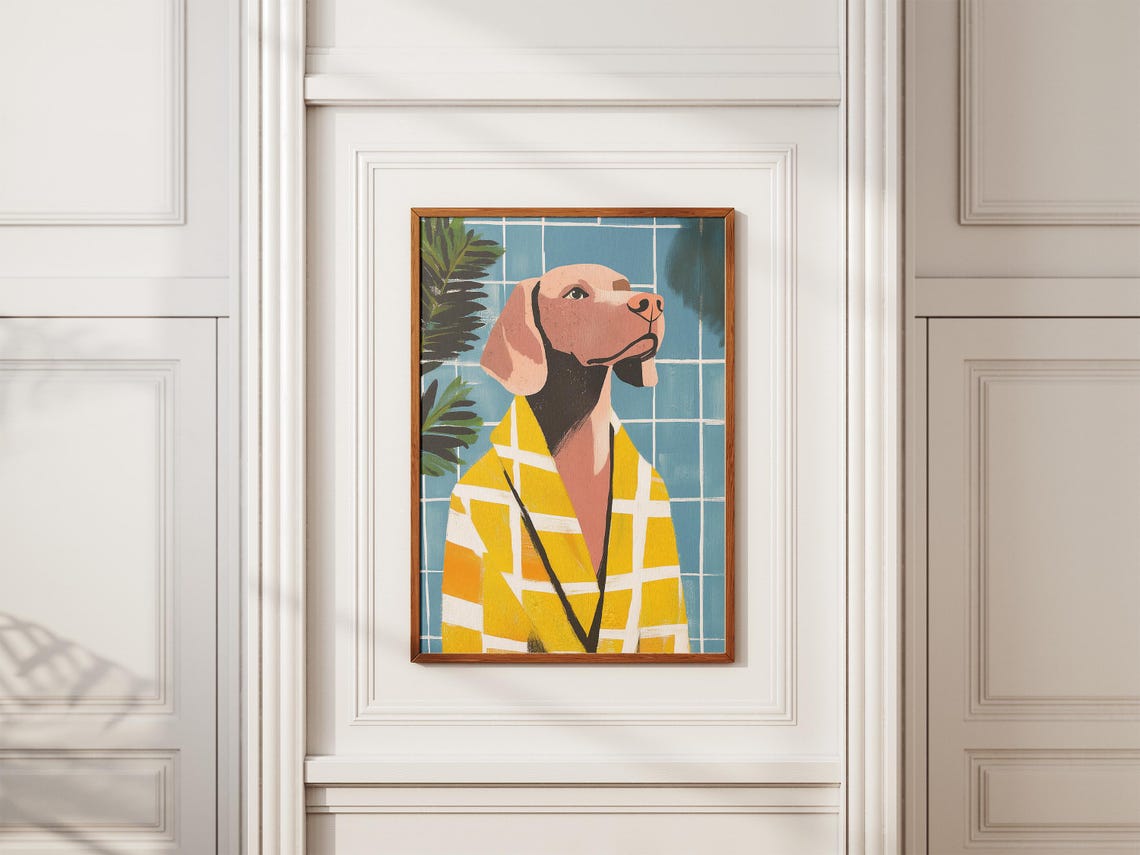 Weimaraner Dog Wearing Yellow Plaid Bathrobe Blue Tile Poster - Image 2