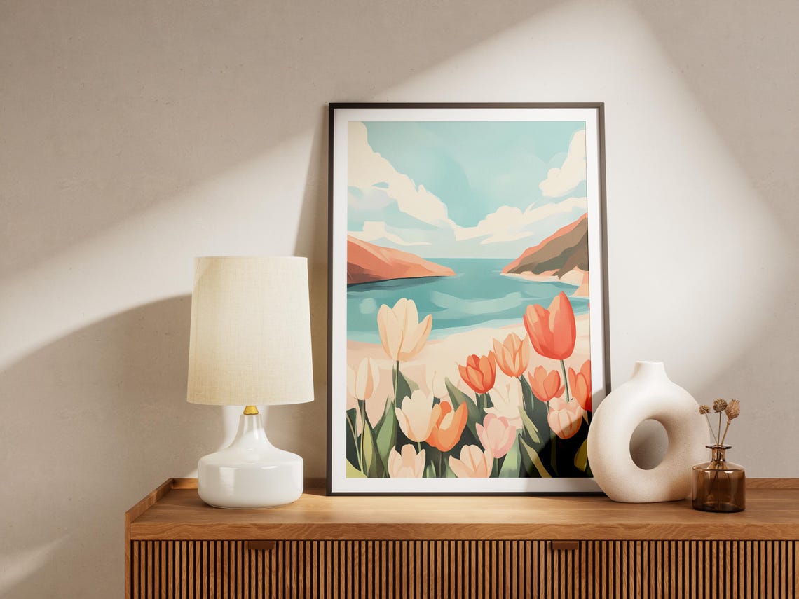 Spring Orange White Tulips On Coastal Beach Teal Ocean Poster - Image 4