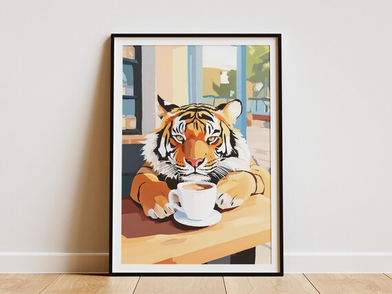 Tiger Drinking Coffee at Cozy Cafe Table Wildlife Art Poster