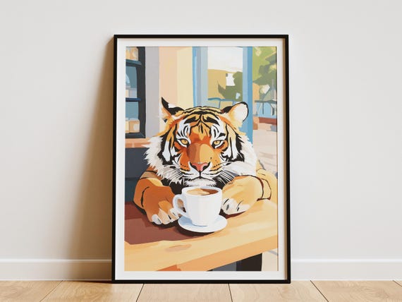 Tiger In Cafe Poster Matisse Style Art Print Coffee Lover Gift Animal Wall Decor Cozy Unique Artwork Paper