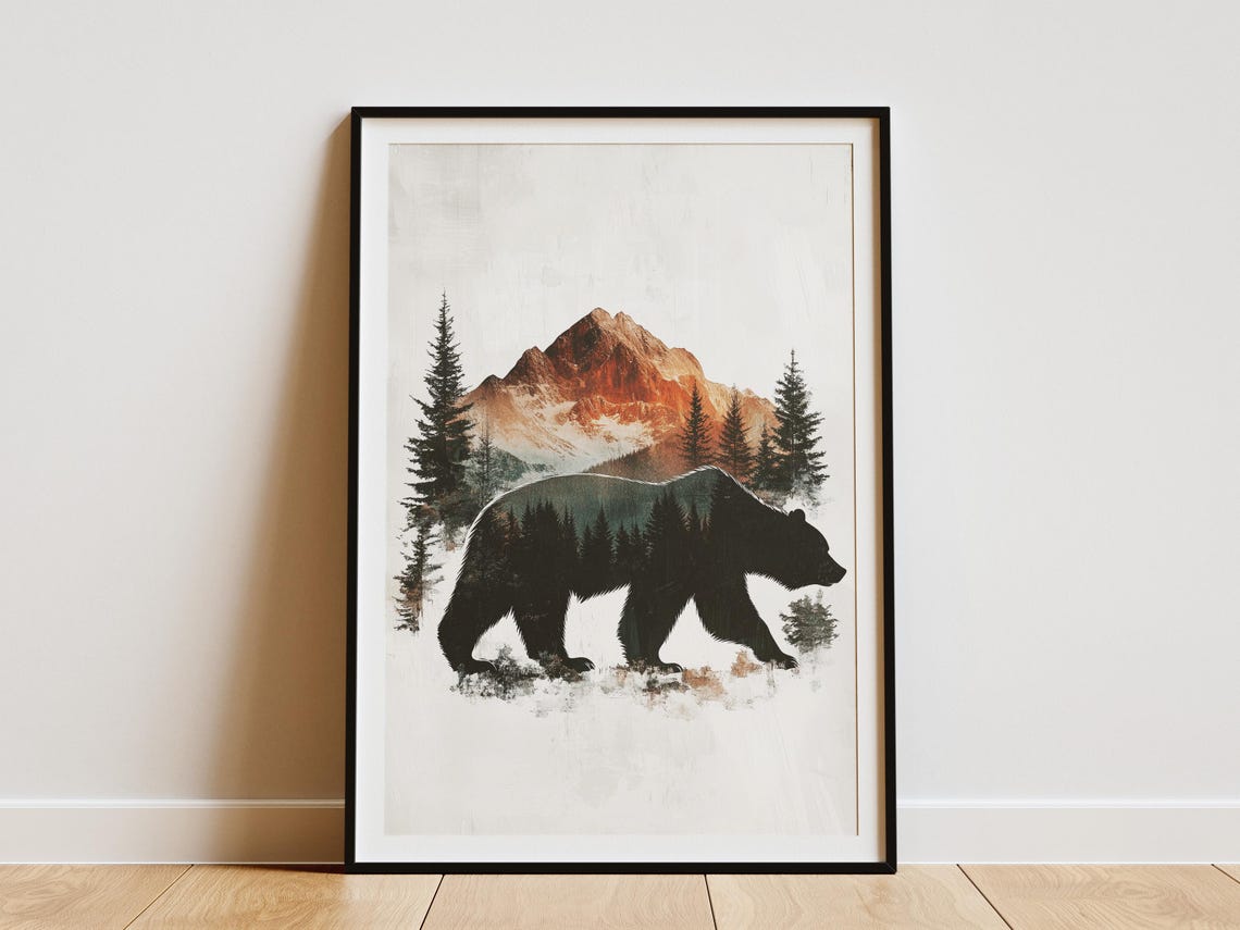 Mountain Bear Minimalist Art Print Simple Animal Poster Nature Wall Decor Modern Home Wilderness Landscape Brown Silhouette
