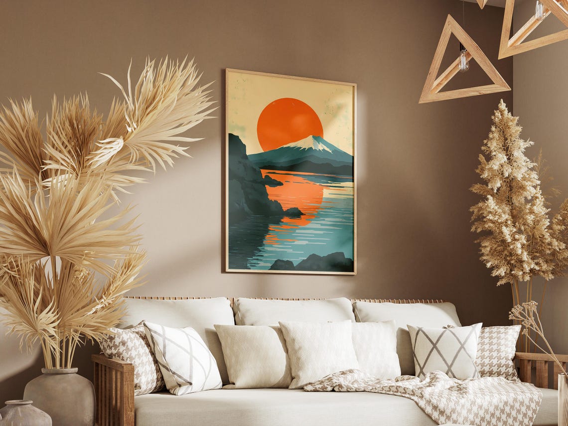 Giant Orange Sun Snowcapped Volcano Lake Sunset Nature Poster - Image 3