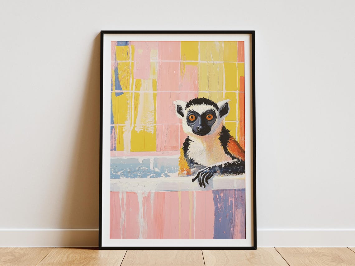 Ring Tailed Lemur Peeking Over Bubbly Pink Bathtub Animal Poster