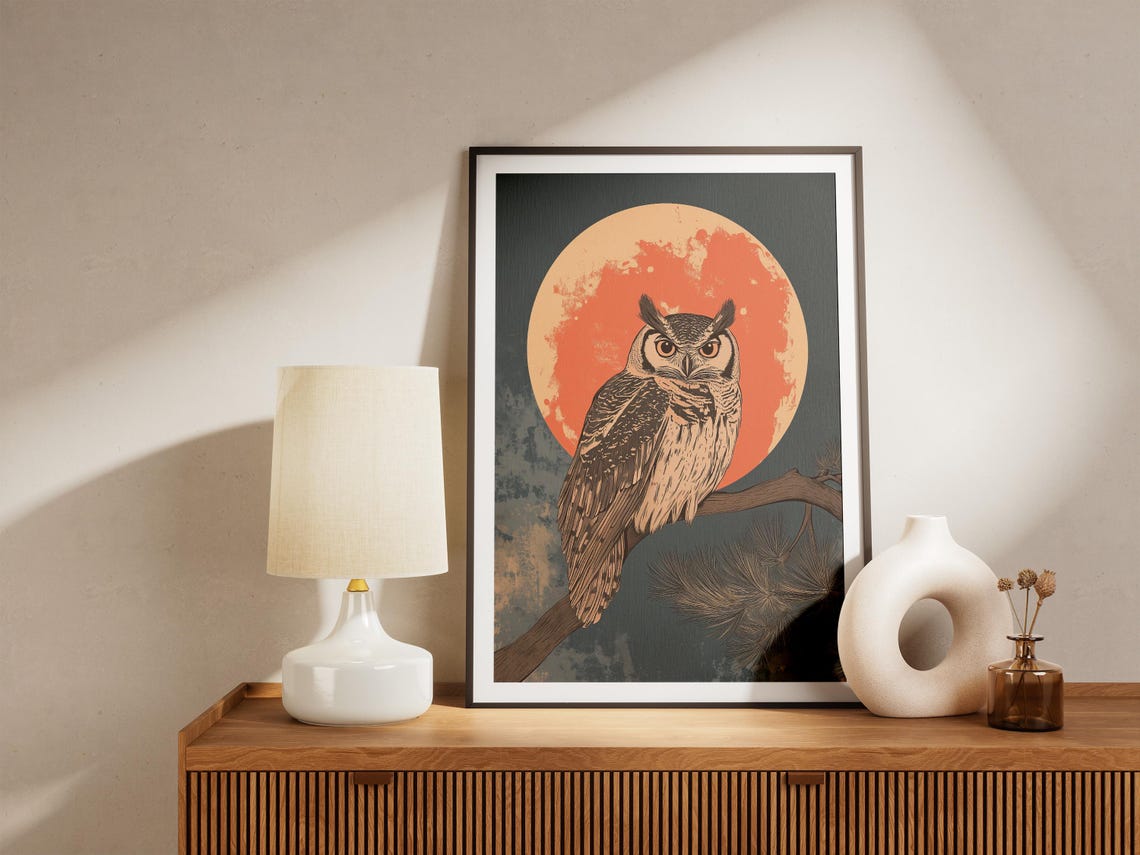 Owl Perched on a Pine Branch Beneath Large Orange Moon Poster - Image 5