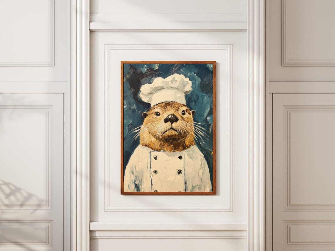 Serious Otter Chef Portrait In White Coat Dark Teal Background Poster - Image 2