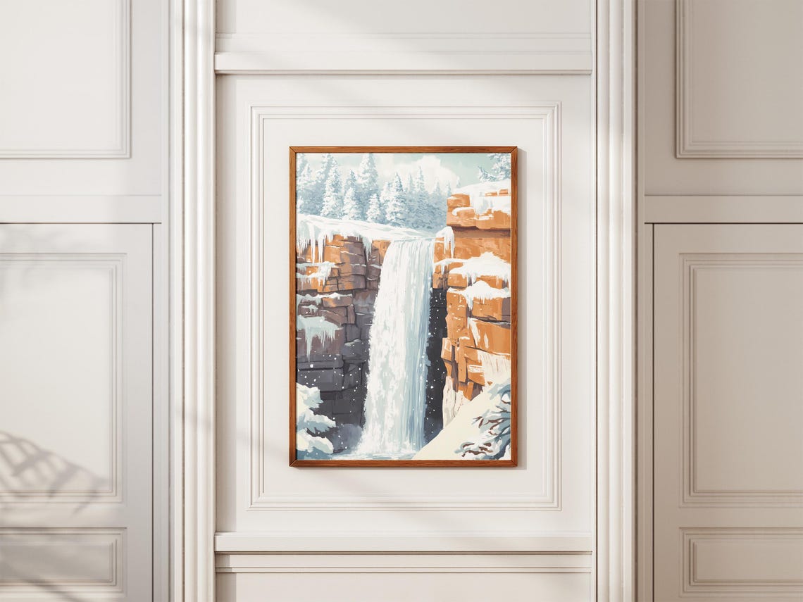 Tall Winter Waterfall Pouring Through a Snowy Red Rock Canyon Poster - Image 2