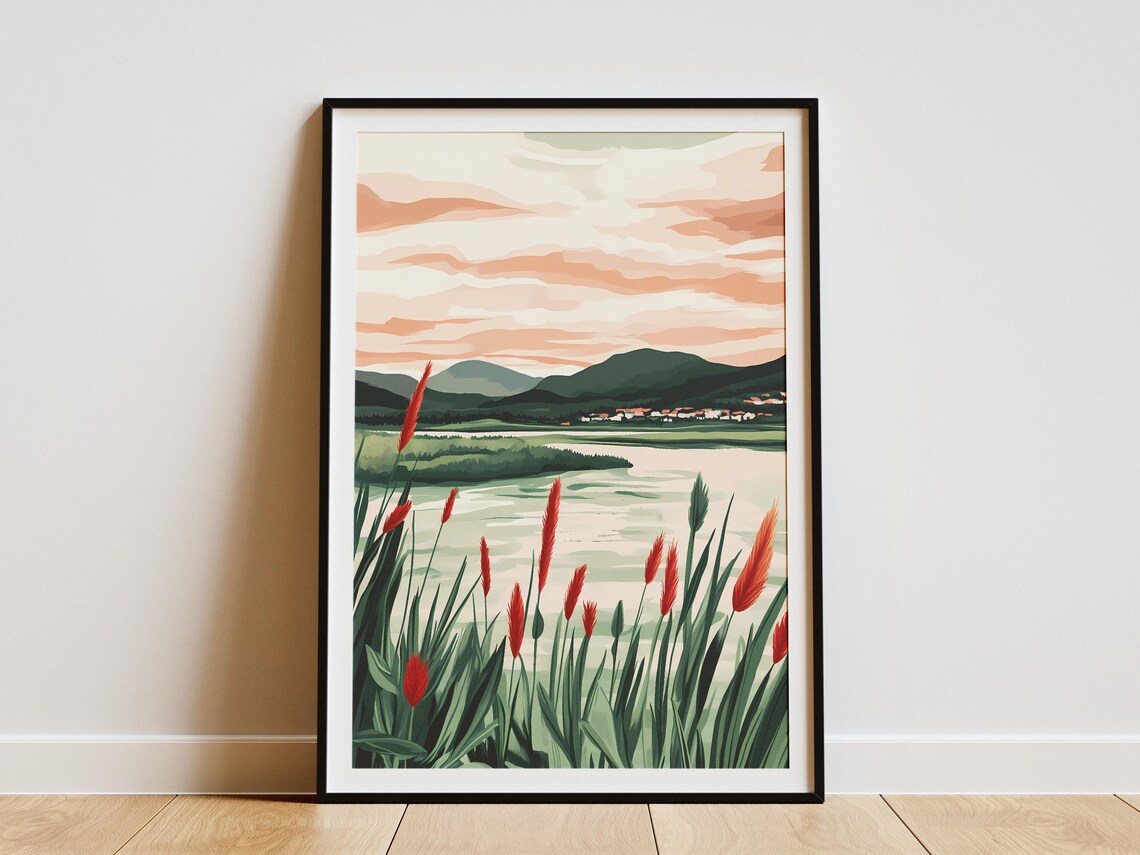 Crimson Cattail Reeds by a Calm Lakeside Meadow Sunset Poster