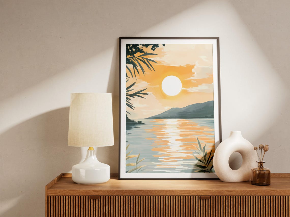 Sunset Lake Golden Sun Reflection Palm Leaves Hills Minimal Art Poster - Image 5