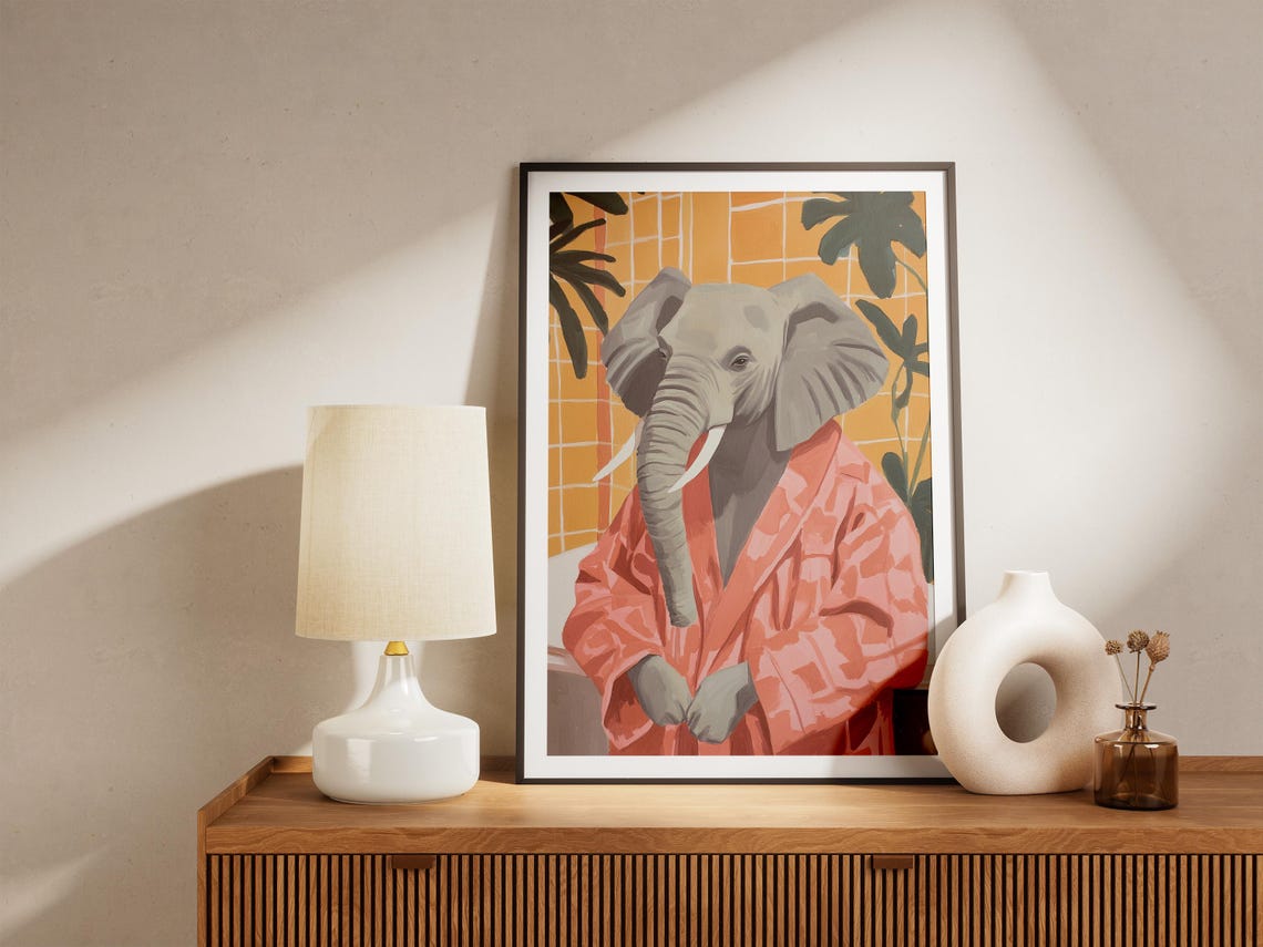Elephant in Coral Bathrobe Yellow Tile Monstera Bathroom Poster - Image 5