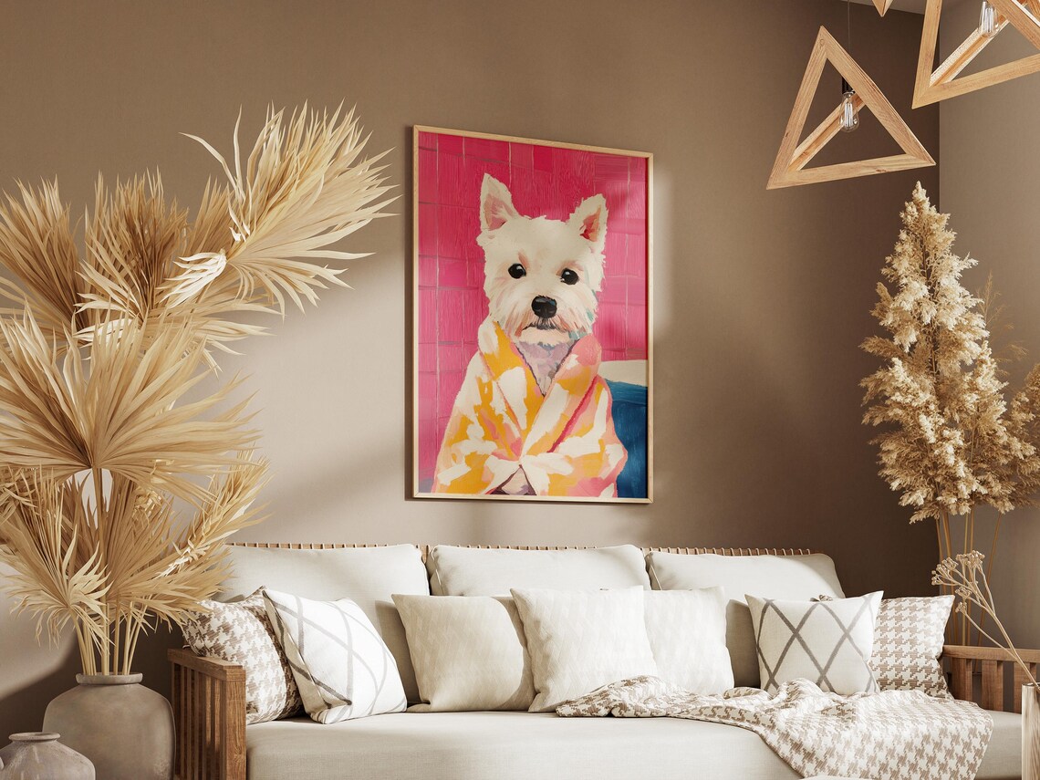 West Highland Terrier in Yellow Bathrobe Pink Bathroom Dog Poster - Image 3