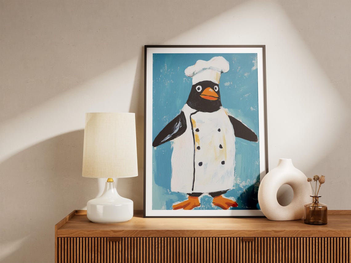 Penguin Chef Art Print Quirky Kitchen Wall Whimsical Poster Funny With Hat - Image 4