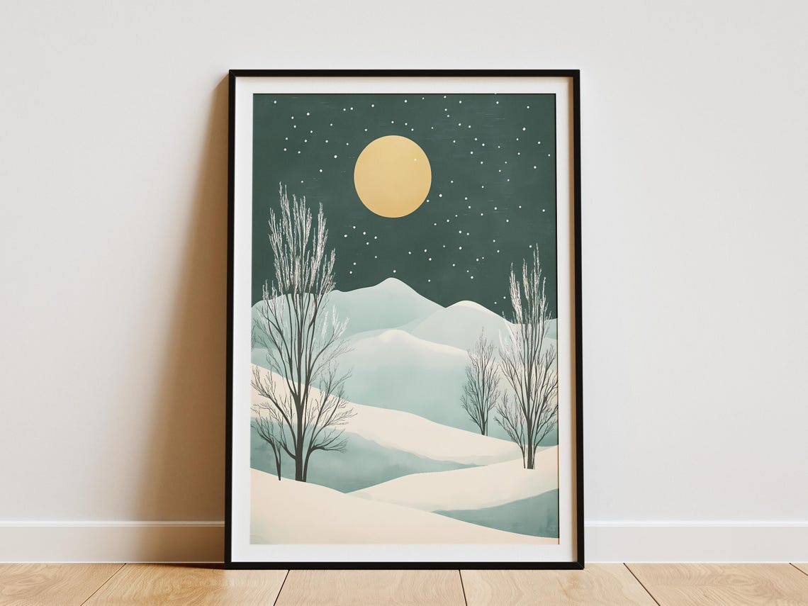 Minimalist Moonlit Snowy Hills Under Golden Moon Night Poster
