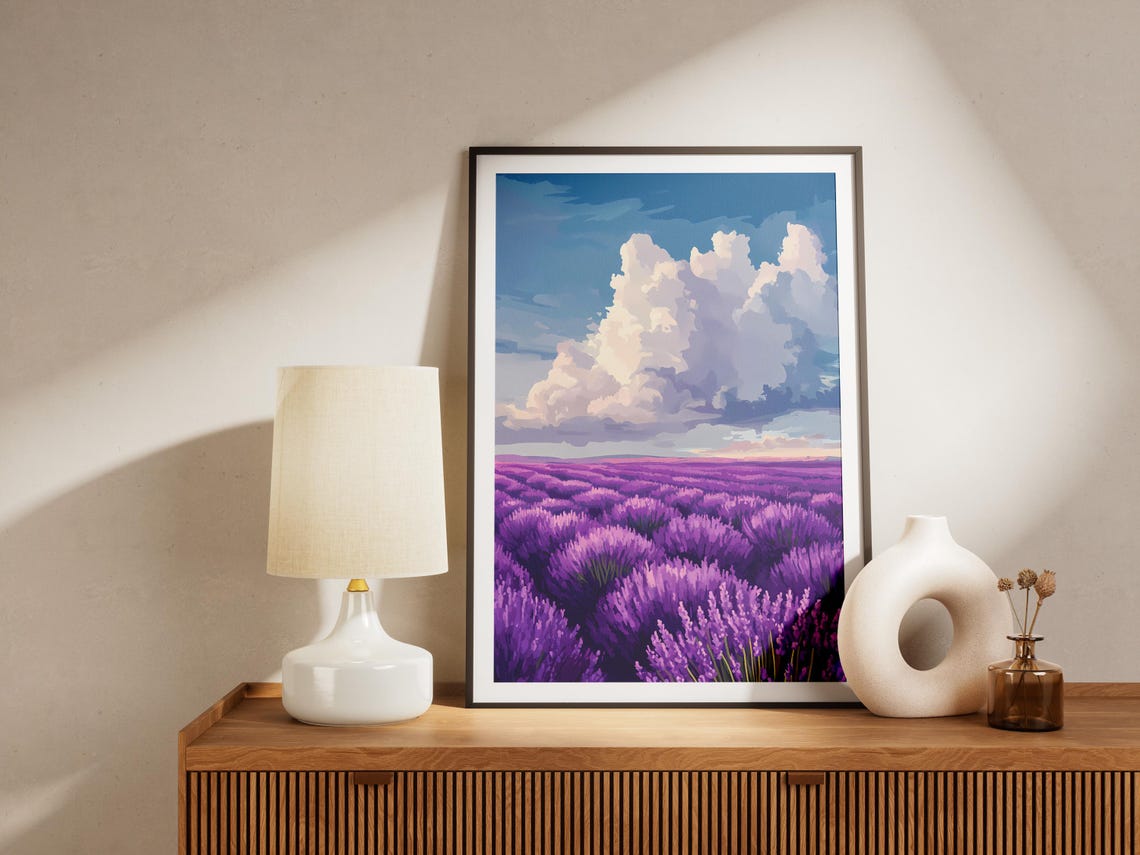 Purple Lavender Field Stretching Under Cloudy Sky Floral Poster - Image 4