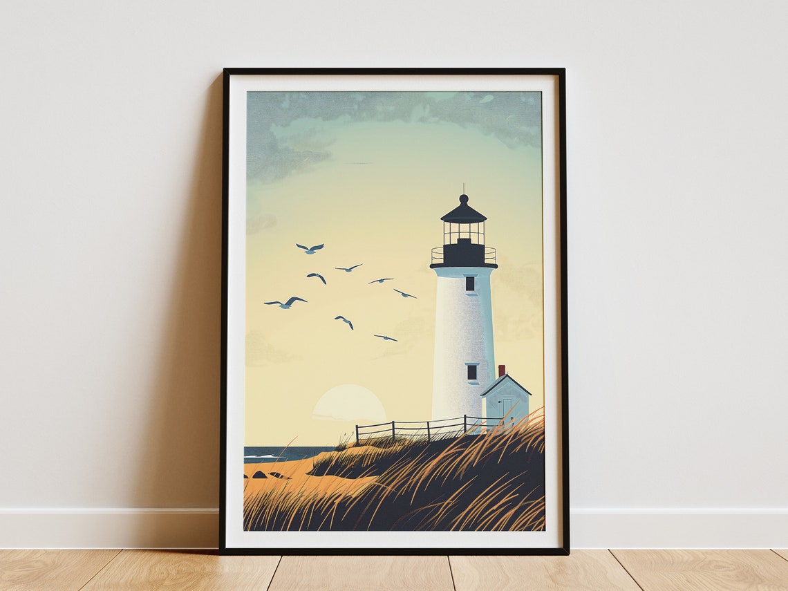 White Lighthouse With Seagulls Flying at Golden Sunset Print
