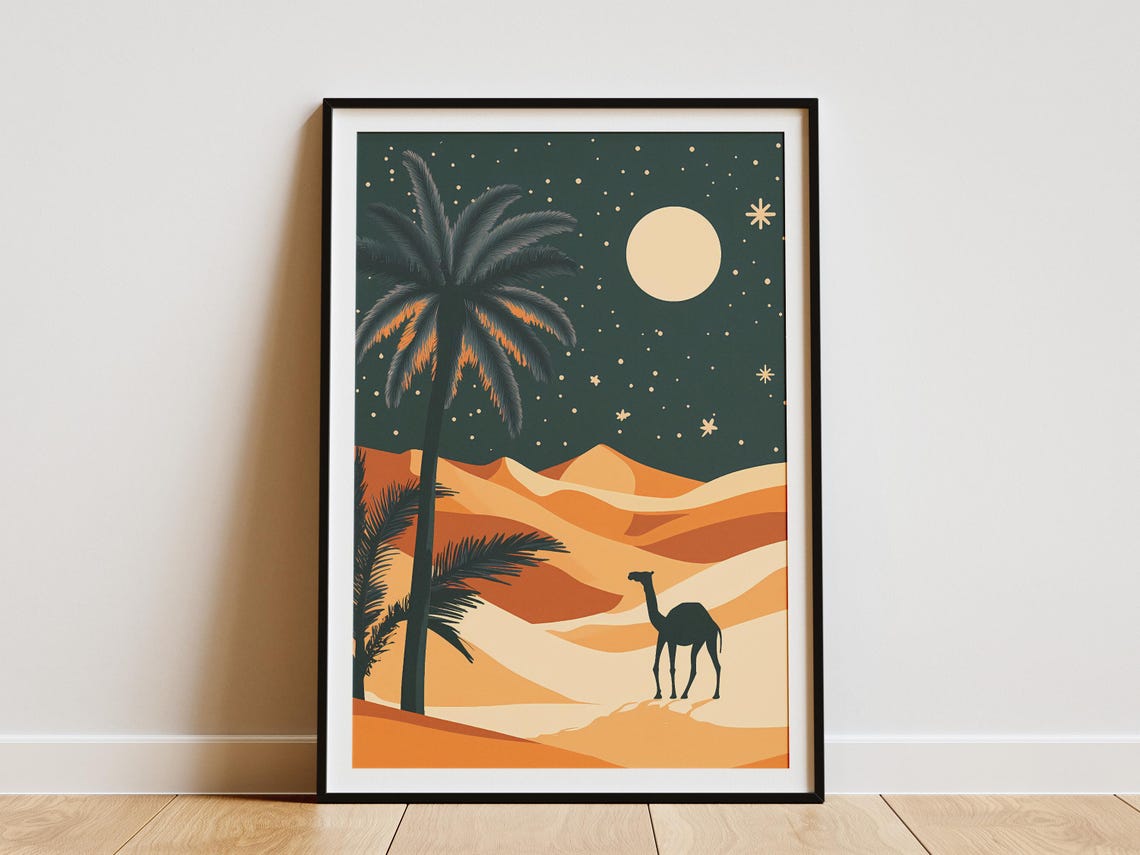 Sahara Camel and Palm Trees Under a Starry Night Desert Poster
