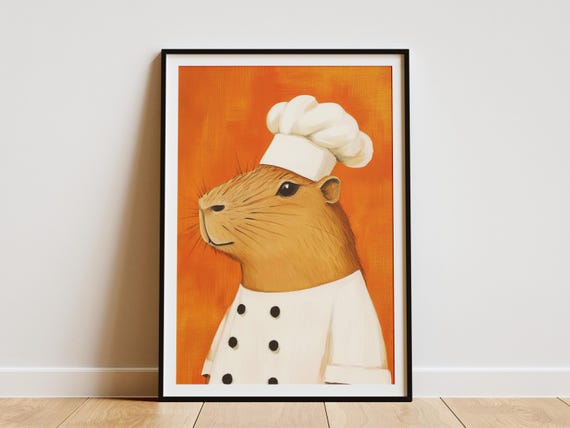 Capybara Chef Print Kitchen Art Funny Animal Poster Cute Wall In Chefs Hat Gift For Lovers Orange