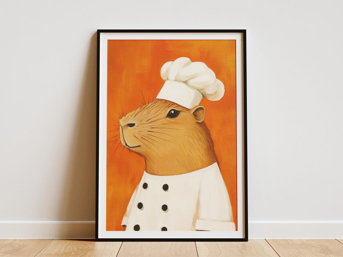 Capybara Chef Print Kitchen Art Funny Animal Poster Cute Wall In Chefs Hat Gift For Lovers Orange