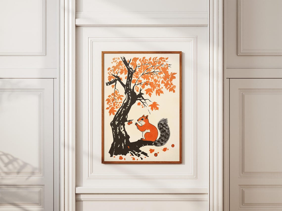 Red Squirrel With Acorns Under Orange Maple Tree Nature Poster - Image 2