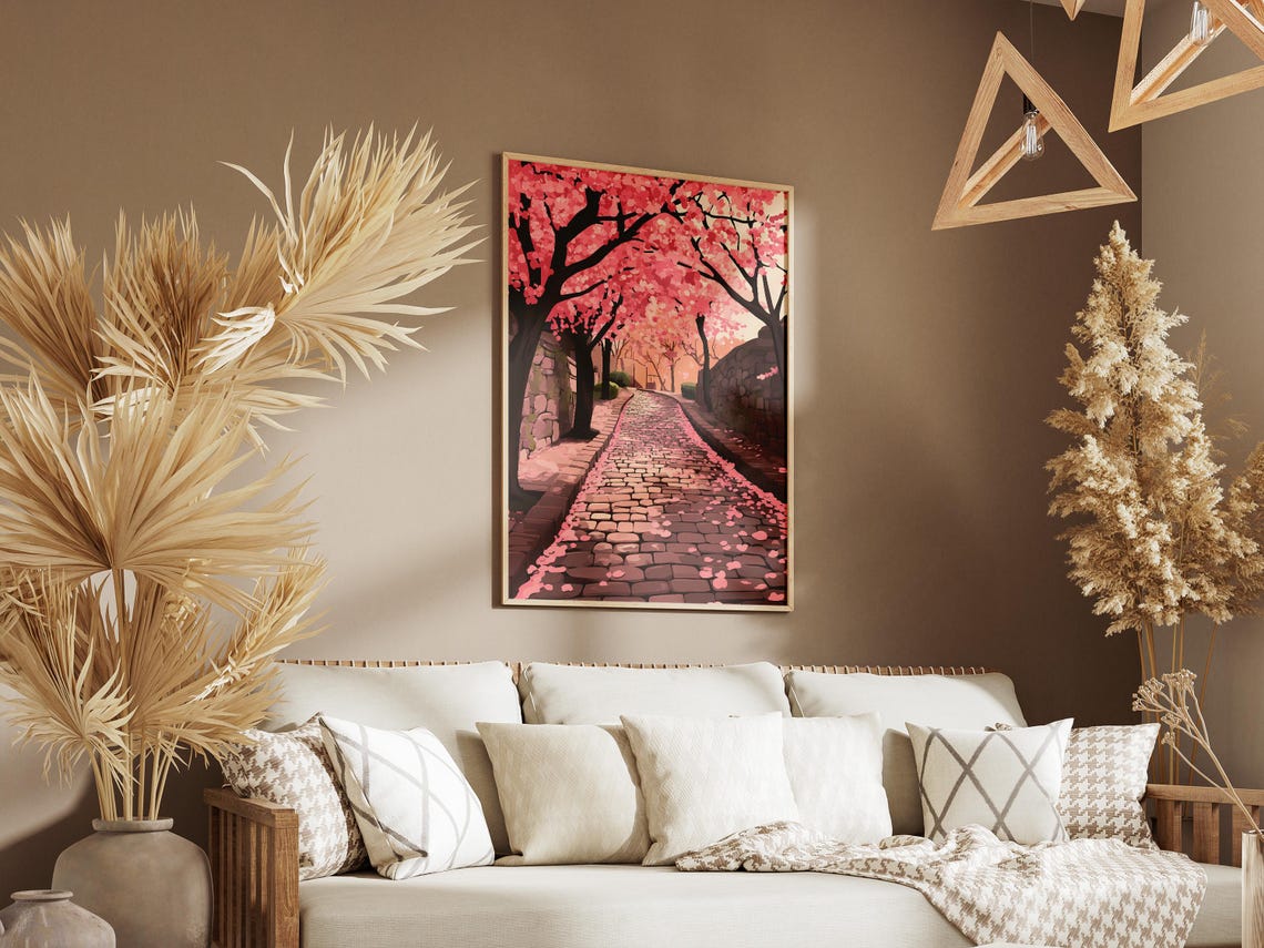 Pink Cherry Blossom Cobblestone Path Spring Petal Lane Poster - Image 3