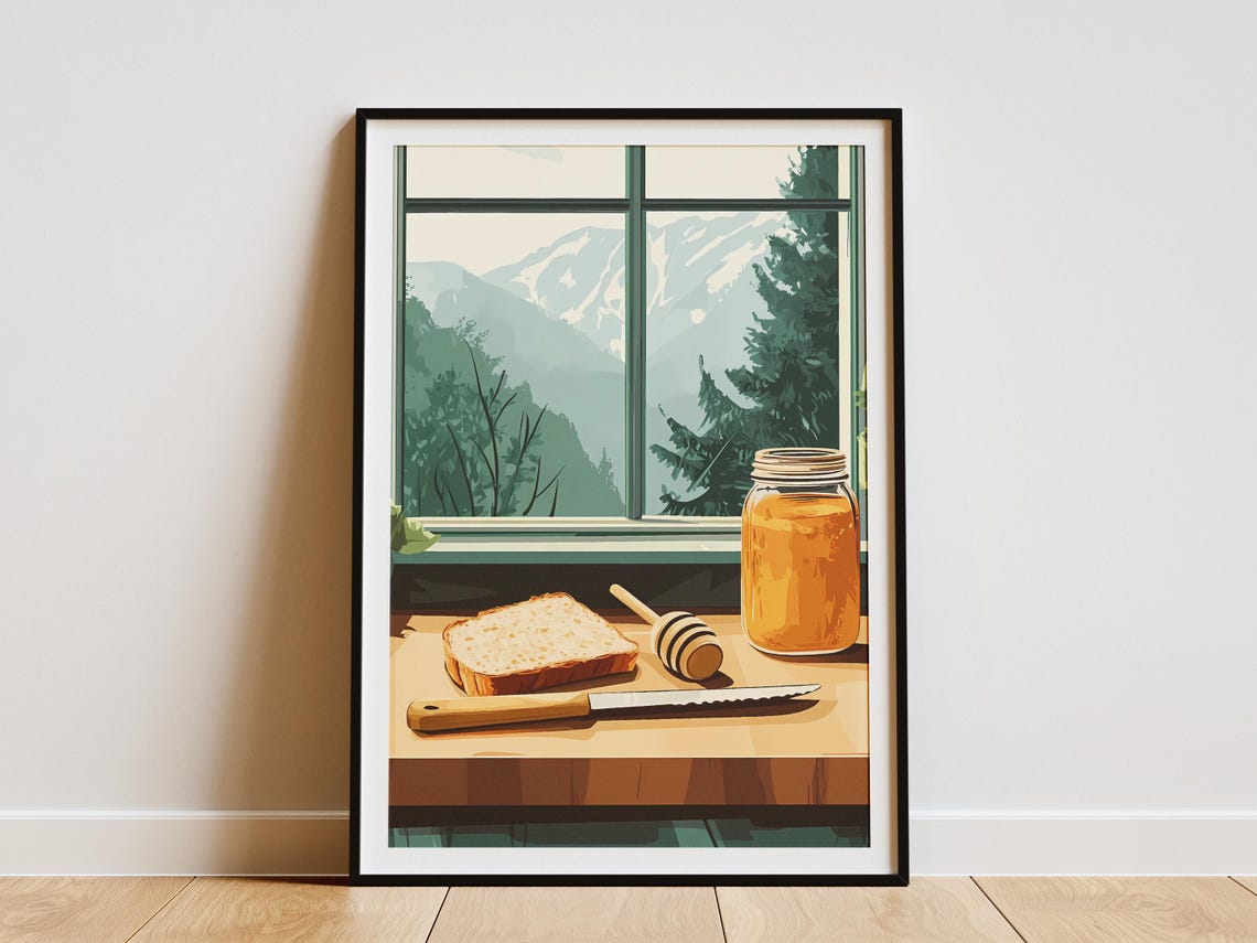 Honey Jar Dipper Bread Mountain Window Cottage Still Life Poster