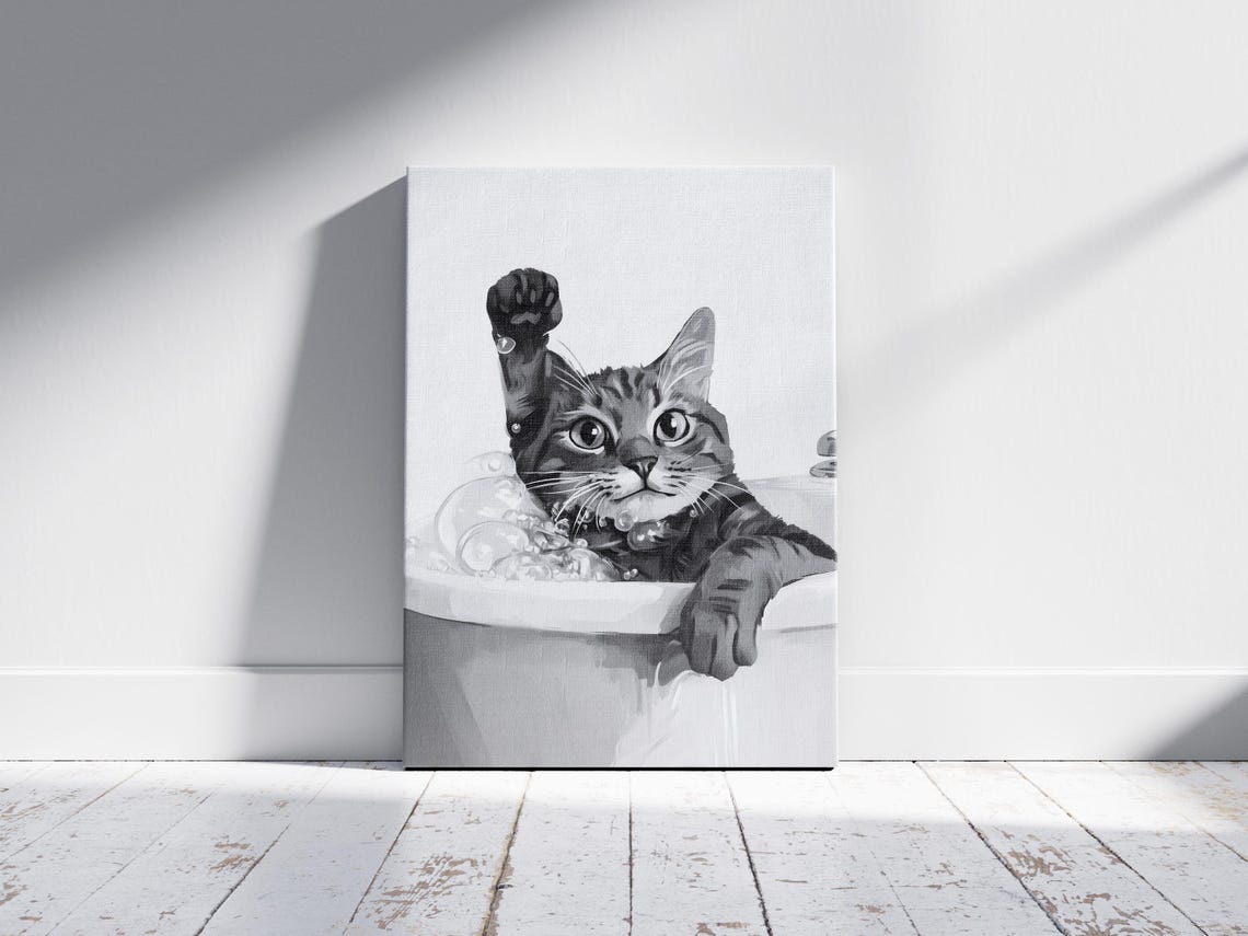 Tabby Cat In A Bubble Bath With Raised Paw Black White Poster - Image 2