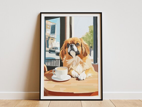 Pekingese at a Cafe Window Table with Steaming Coffee Poster