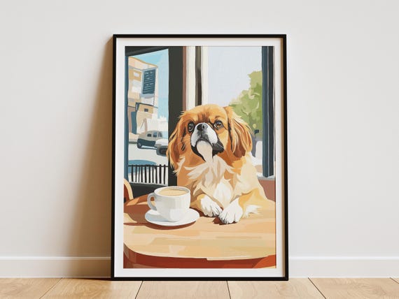Pekingese Dog Art Print Cozy Cafe Coffee Shop Poster Henri Matisse Style Wall Cute Pet Portrait Lover Gift Home Decor Unique