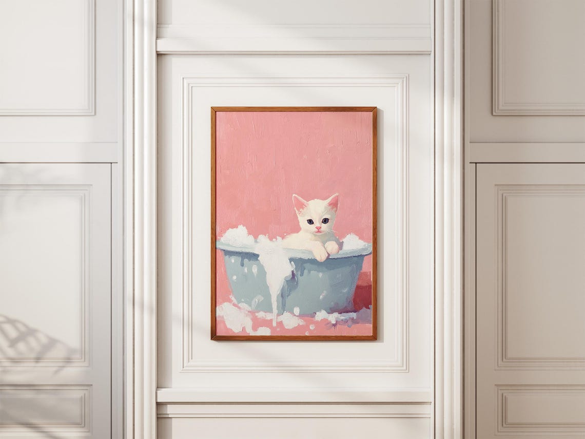 Tiny White Kitten in Foamy Gray Tub Soft Blush Pink Art Poster - Image 2