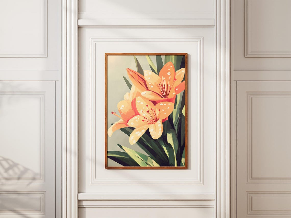 Dew Covered Orange Lily Blossoms Botanical Floral Art Poster - Image 2