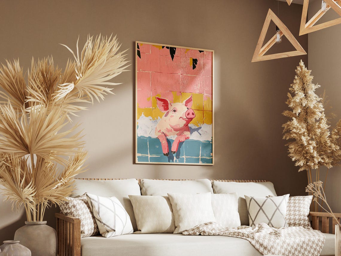 Pink Pig in Foam Bathtub, Whimsical Bathroom Art Print - Image 3