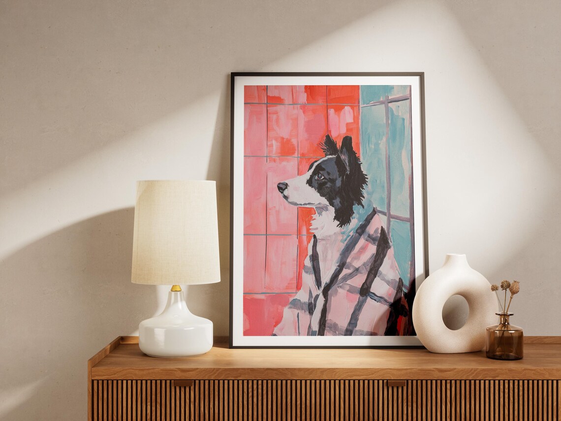 Border Collie in Pink Plaid Bathrobe Profile Bathroom Dog Art Poster - Image 4