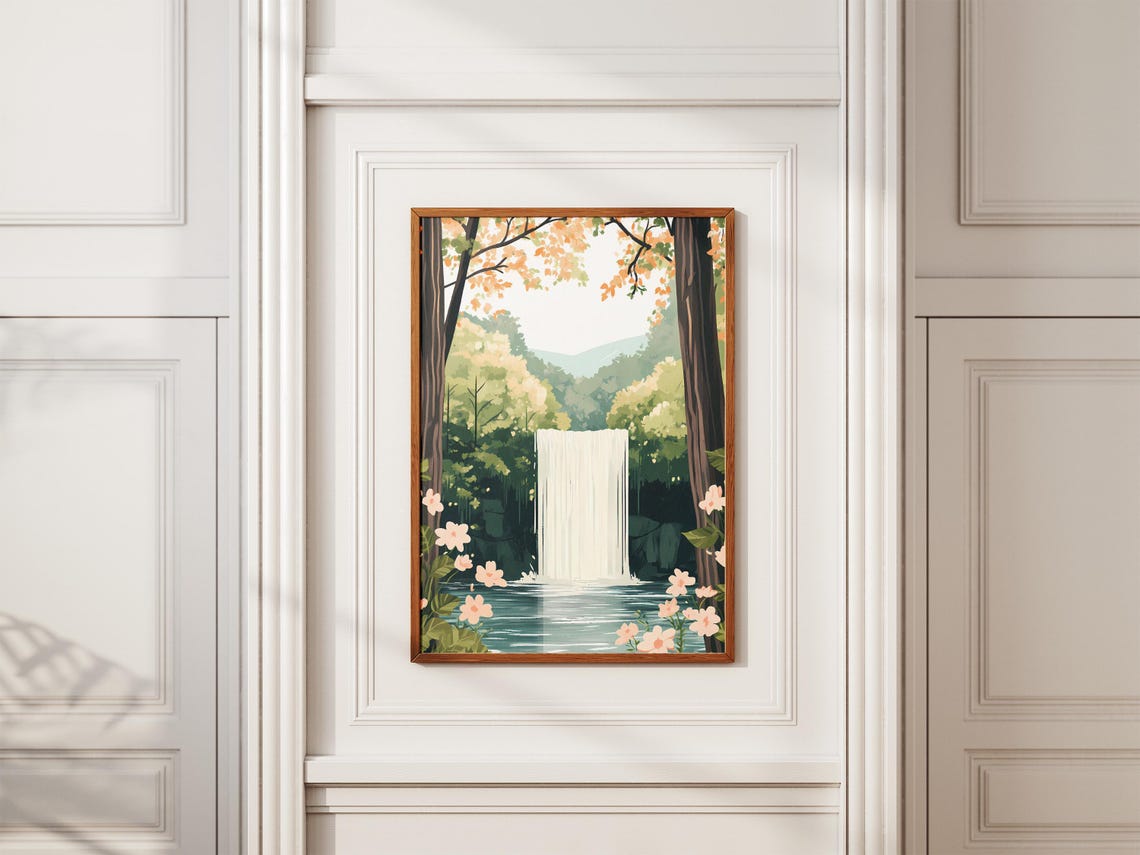 Forest Waterfall Clearing Pink Cosmos Flowers Autumn Leaves Art Poster - Image 2