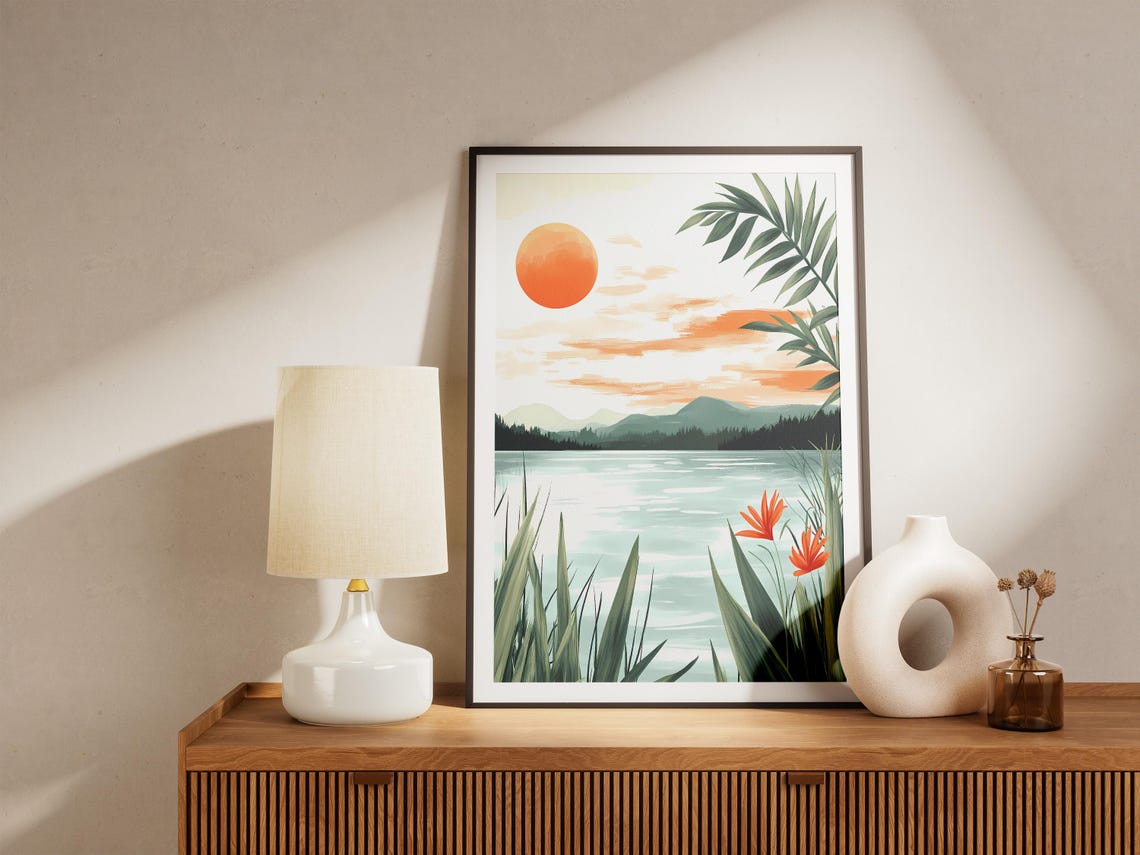 Orange Sunset Over Still Lake With Tropical Red Flowers Poster - Image 5