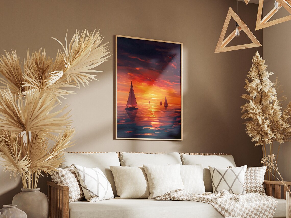Sailboats Drifting at a Fiery Orange Sunset on Calm Water Poster - Image 3