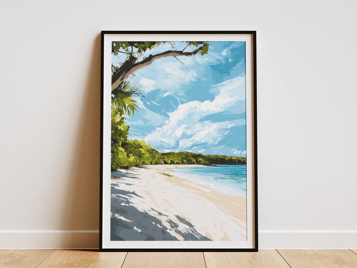 Tropical Island Beach With Palm Branch Overhanging Ocean View Poster