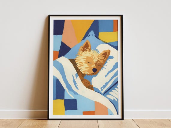 Cute Yorkshire Terrier Puppy Dog Sleeping In Matisse Style Abstract Art Print Cozy Pet Portrait Wall Decor Nursery Room Canine Home