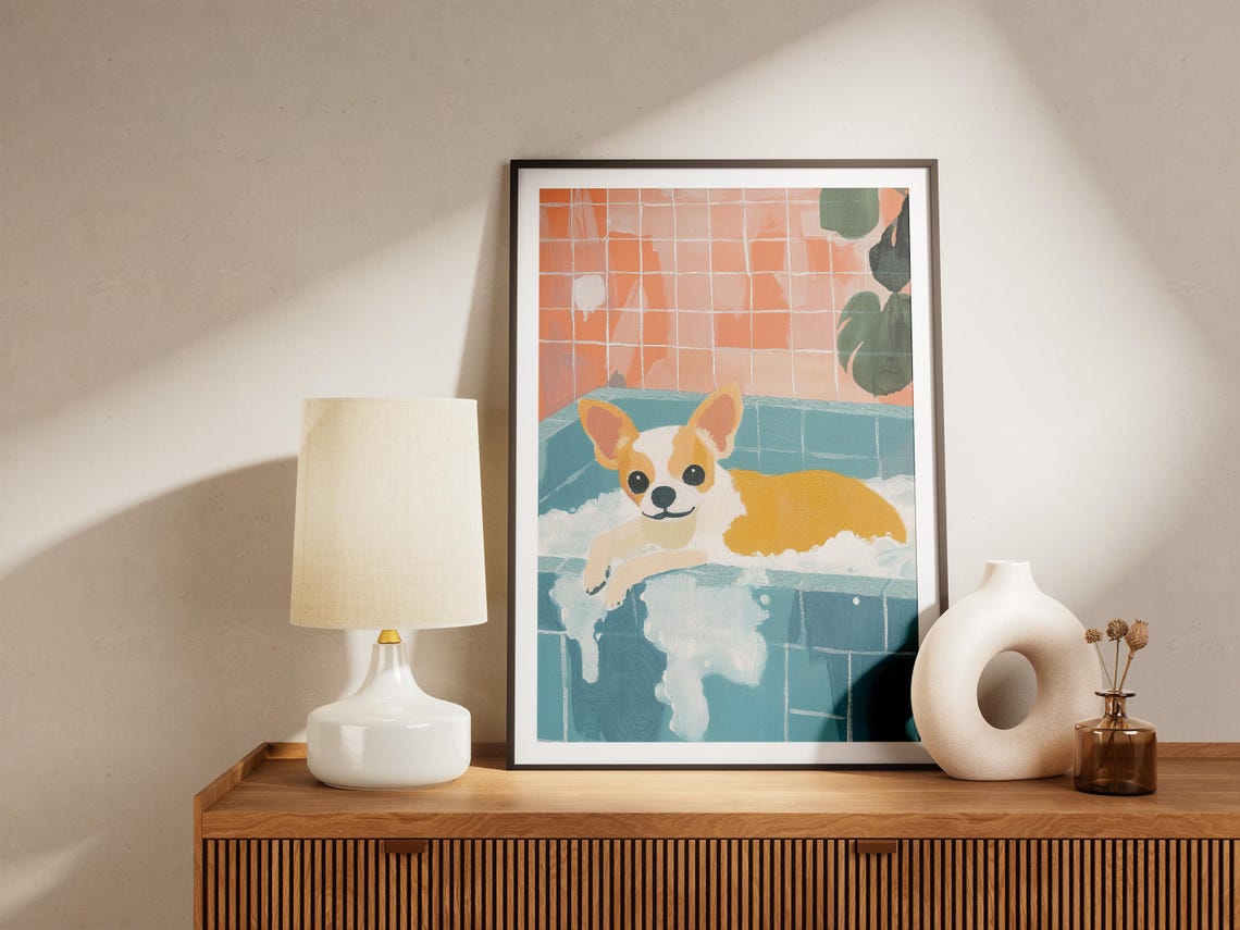 Chihuahua Bubble Bath Relaxing Teal Bathroom Funny Dog Poster - Image 5
