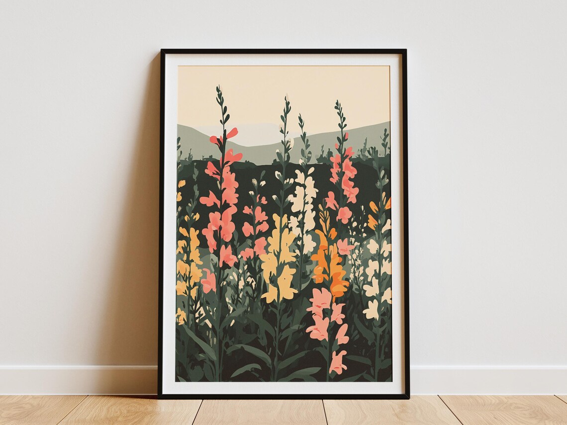 Colorful Snapdragon Flower Spikes in a Field at Dusk Art Poster