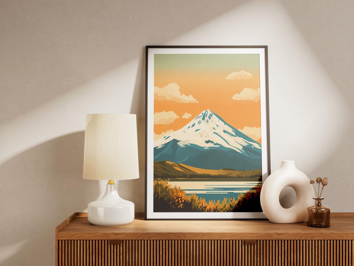 Snow Capped Mountain at Golden Sunset Lake Reflection Poster - Image 5