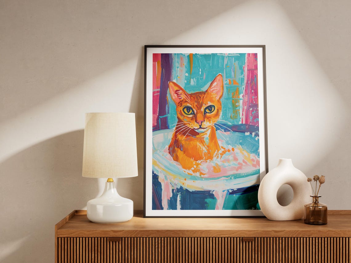 Orange Cat in a Colorful Bathtub Splash Modern Pet Art Poster - Image 4