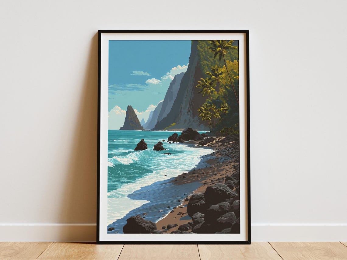 Hawaii Black Sand Beach Lava Rock Waves Vintage Travel Art Poster