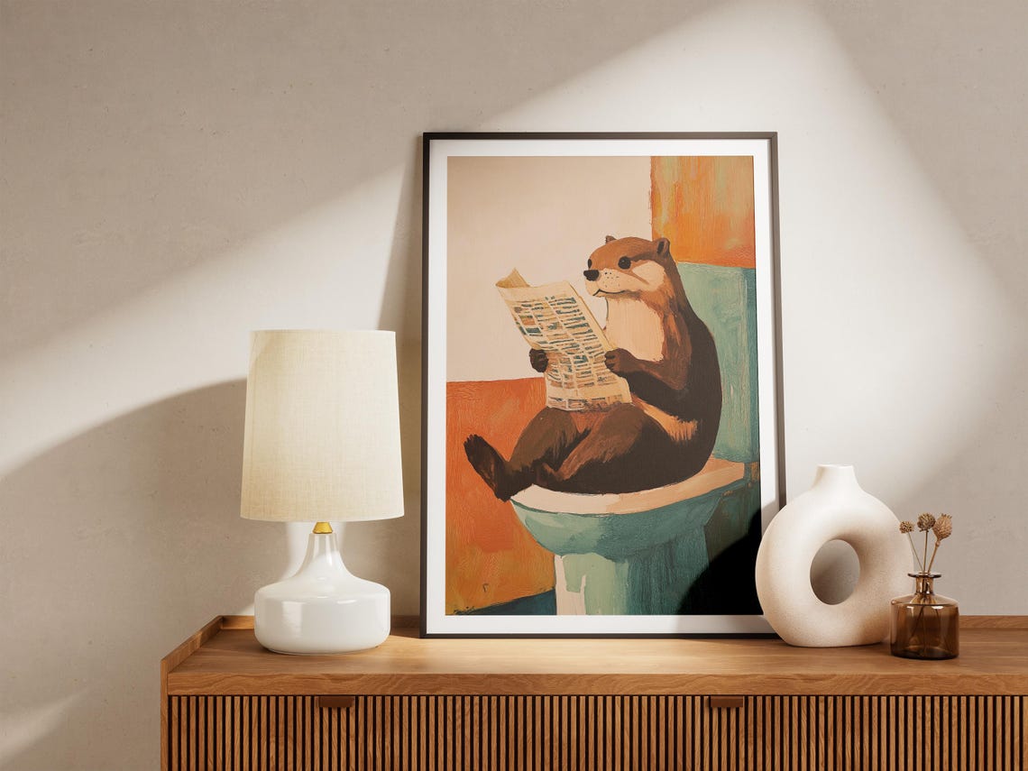 Quirky Otter Reading Newspaper On Toilet Modern Bathroom Poster - Image 5