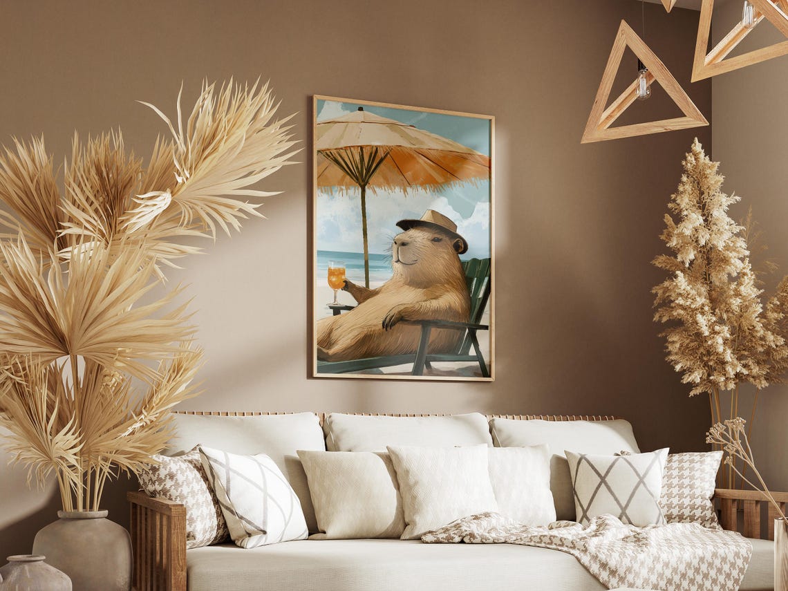 Capybara Relaxing in Beach Chair with Cocktail Funny Art Poster - Image 3