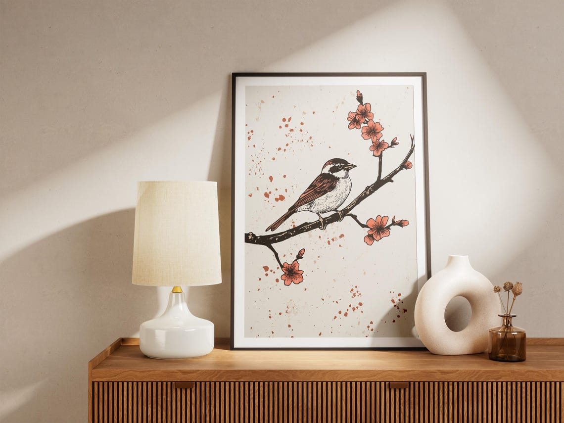 Sparrow Perched on Cherry Blossom Branch Minimal Ink Art Poster - Image 5