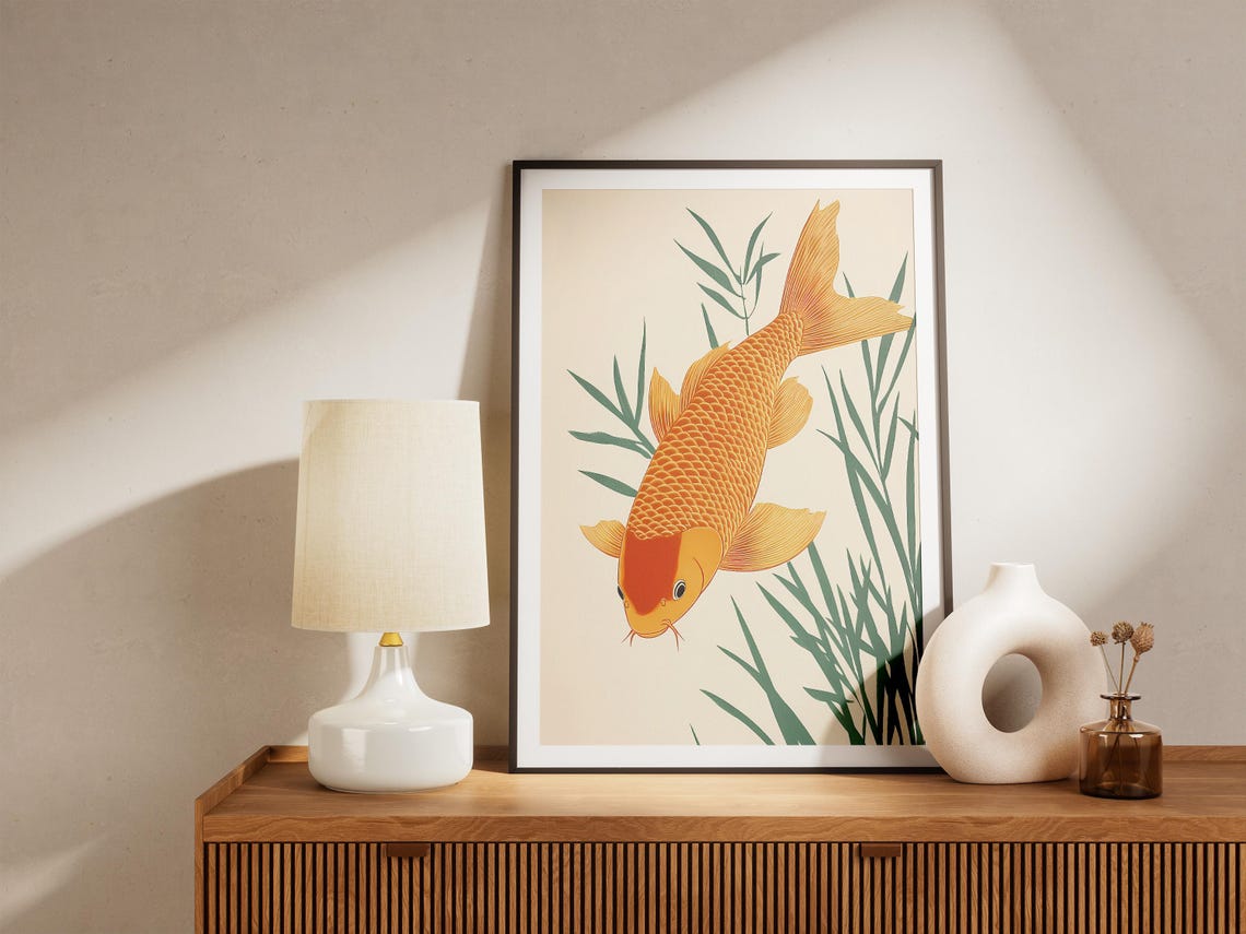 Golden Koi Fish Swimming Among Green Reeds Cream Background Poster - Image 5
