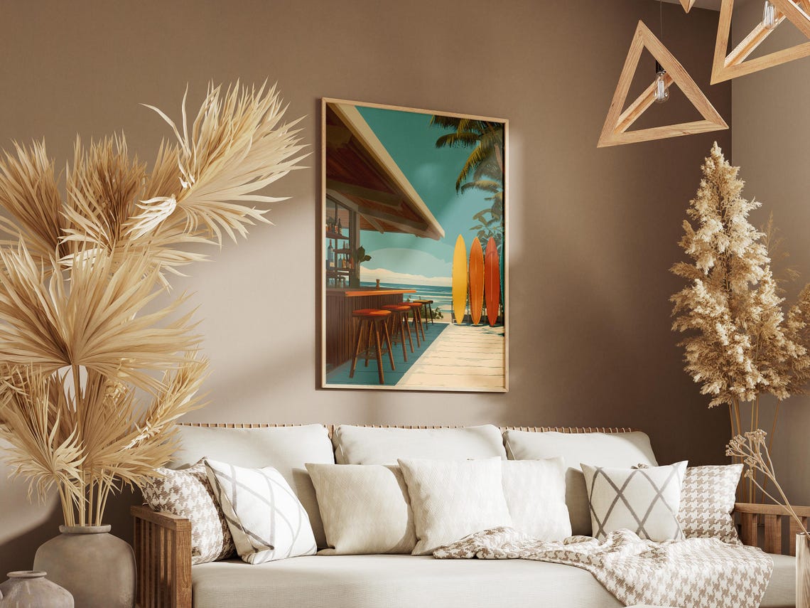 Tropical Beach Tiki Bar With Colorful Surfboards Ocean View Poster - Image 3